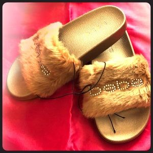 BeBe women’s faux fur gold slide sandals